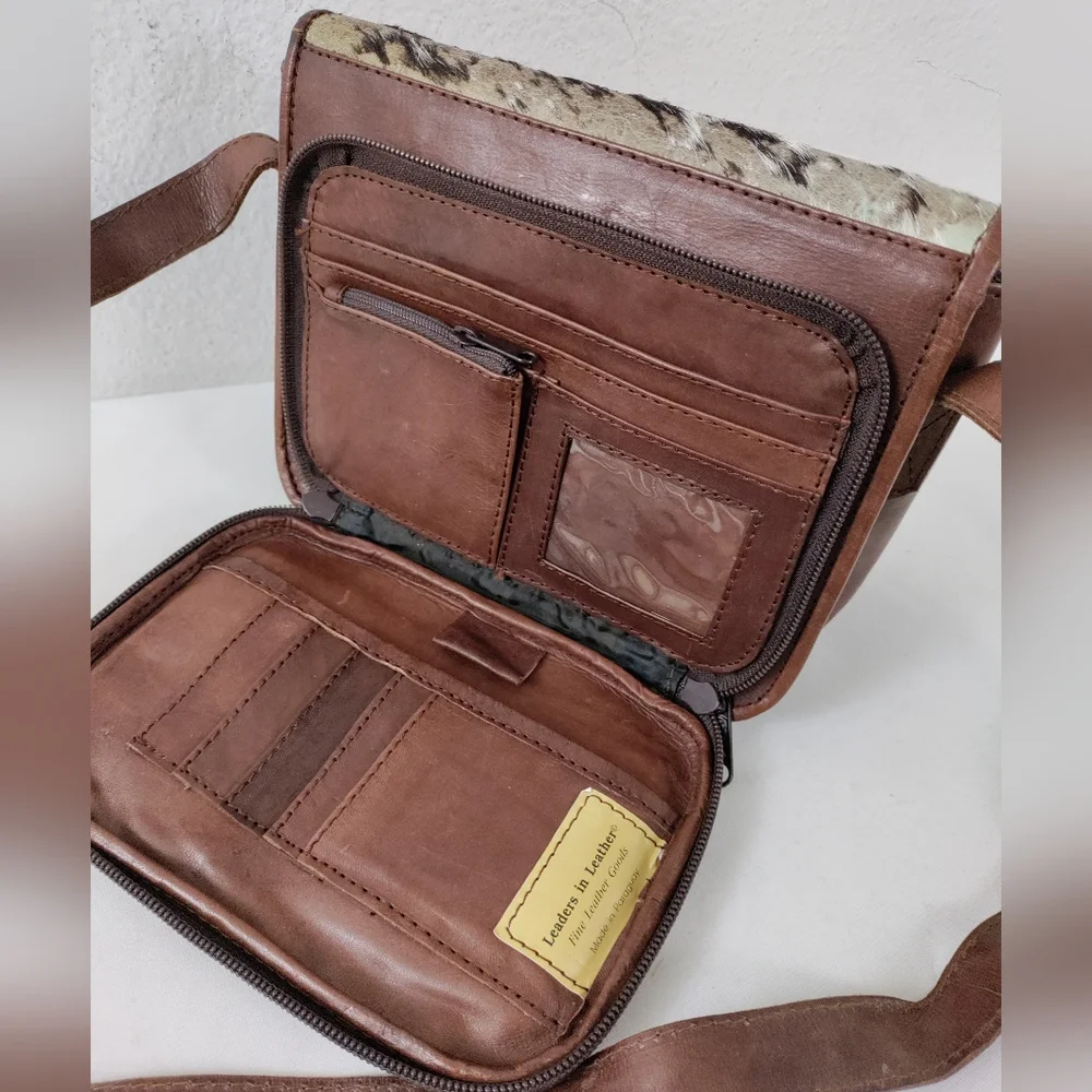Leaders In Leather Vntg Tooled Leather Pony Hair Flap Messenger Crossbody Bag